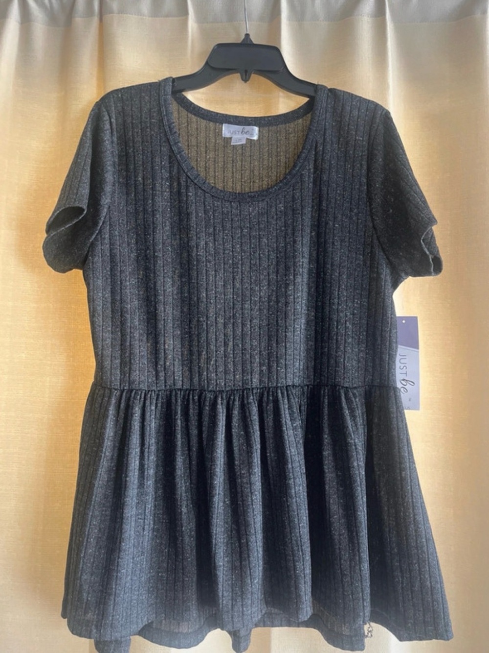 just be Black Ribbed Peplum Scoop Neck Top